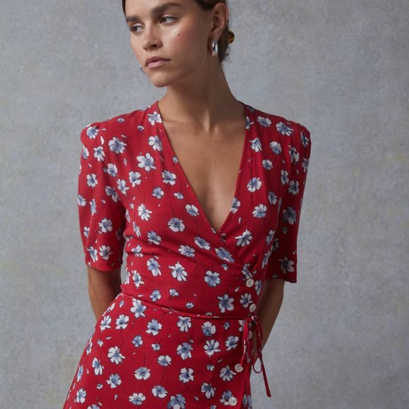 ROUJE GABIN RED FLORAL MIDI WRAP DRESS - Picture 6 of 11